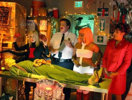 The Office Halloween: Angela as black widow, Kevin as Paul Blart from 'Mall Cop,' Kelly as Leeloo from 'The Fifth Element,' Erin as Fiona from 'Shrek'