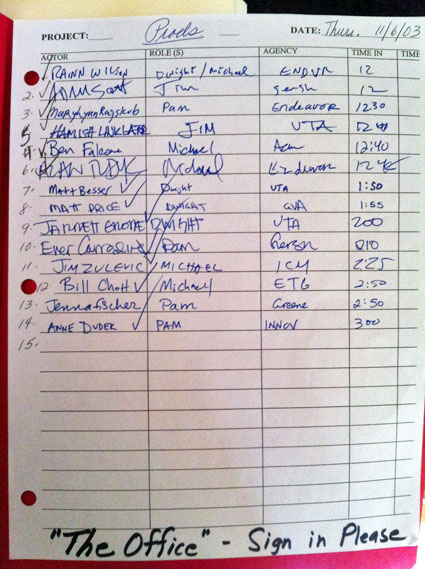 The Office audition sign-up sheet 2003